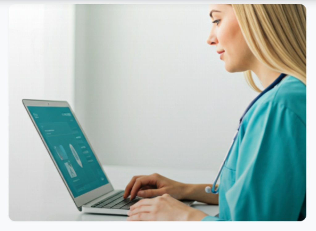 Profesional de salud atendiendo una consulta médica online desde un laptop